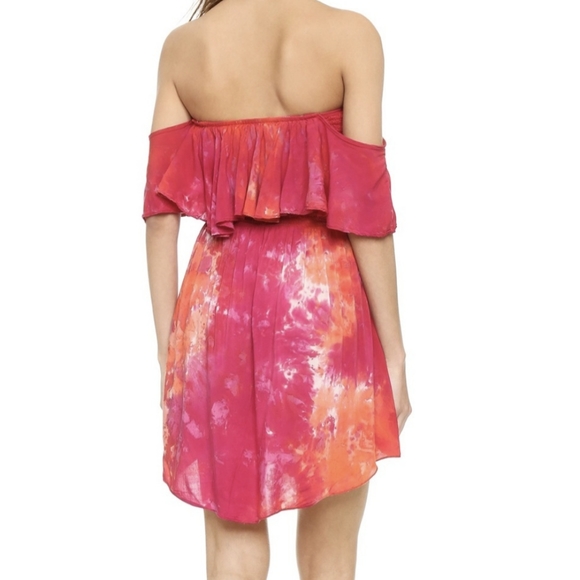 Tie Dye Pink Orange Ruffle Off Shoulder Mini Dress - Picture 6 of 6